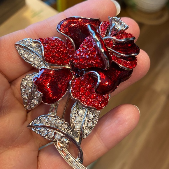Nolan Miller Red and Silver Floral Brooch